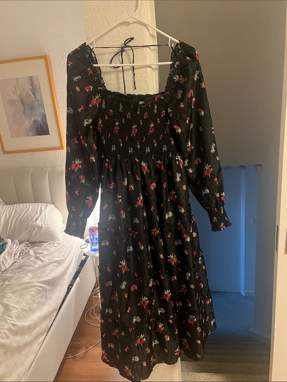Hill House Black Floral Smocked Long-Sleeve Midi Dress